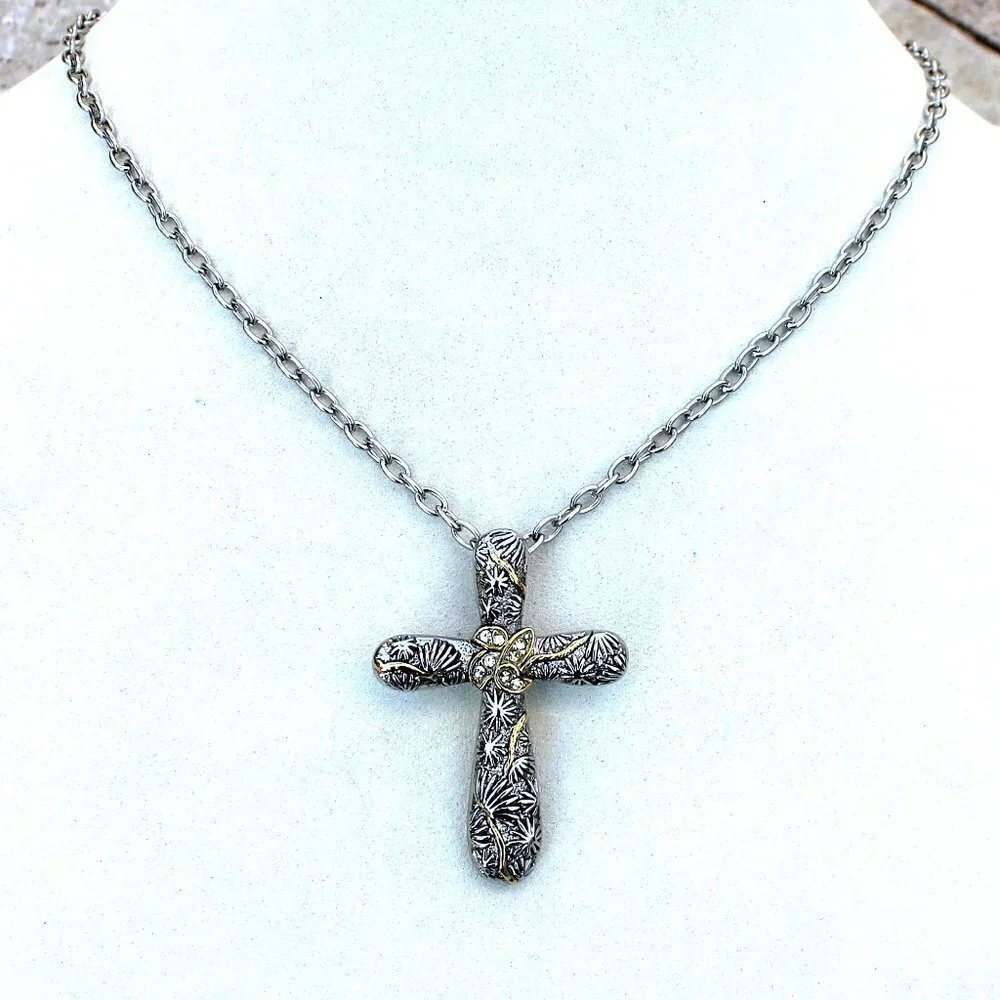 Gold Accent Organic Natural Design Clear Crystal Silver Cross Chain Necklace